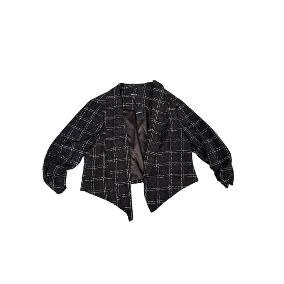 TORRID Women’s Black White Plaid Print Blazer Open Front 3/4 Ruche Sleeve Sz 0 L - Picture 1 of 6